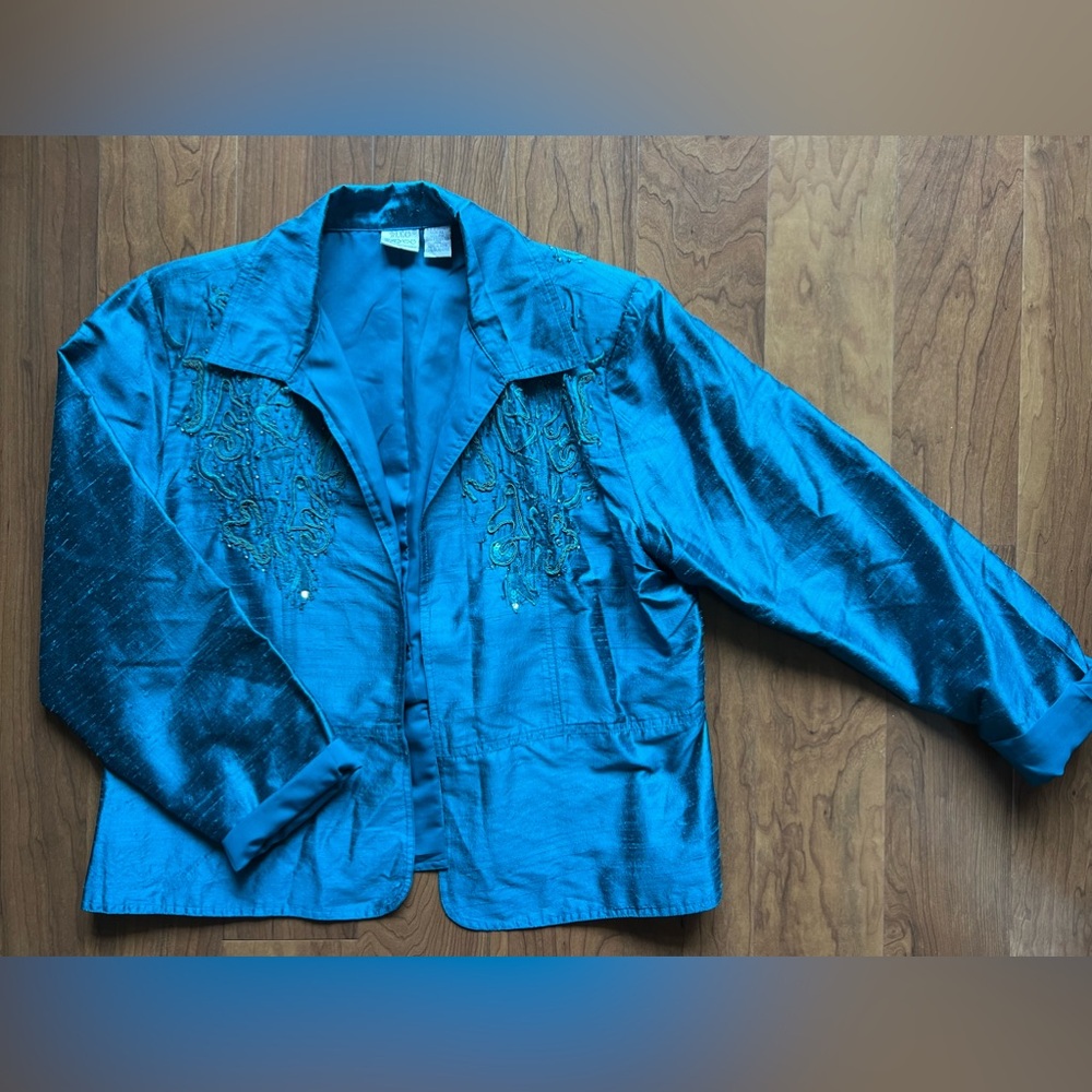 Teal Beaded and Lace Peplum 100% Silk Blazer - XL